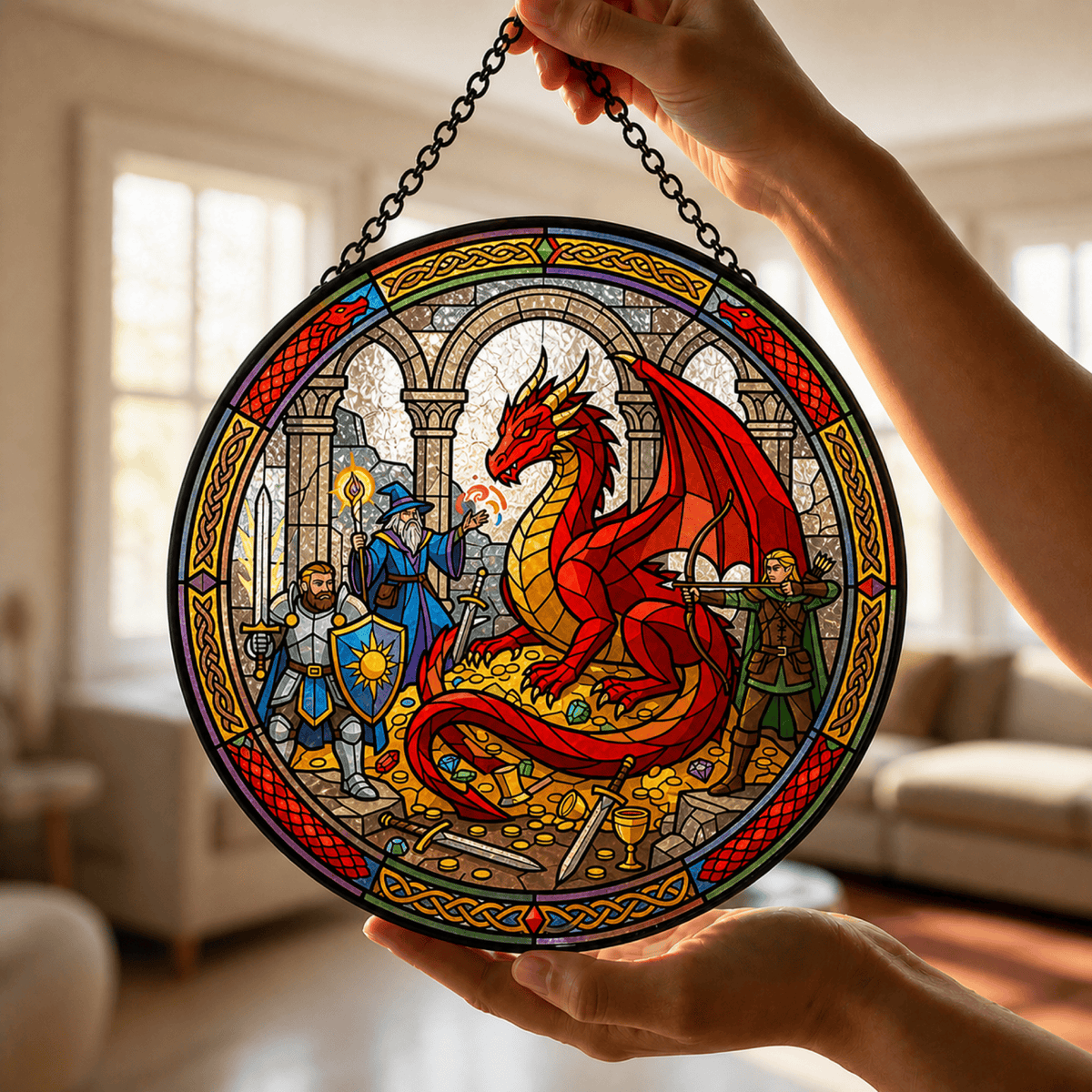 Oath of Scale and Steel - Stained Glass Suncatcher Oath of Scale and Steel | Knight Dragon DnD Stained Glass Suncatcher