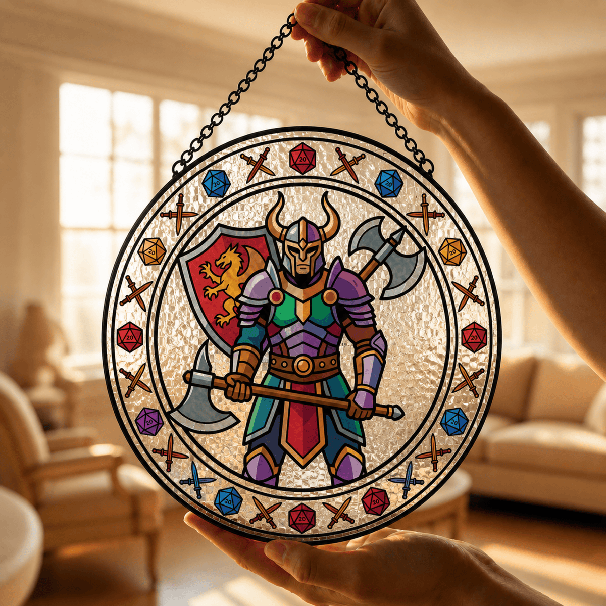 Dungeon Vanguard - Stained Glass Suncatcher Dungeon Vanguard | Fantasy Warrior DnD Stained Glass Suncatcher