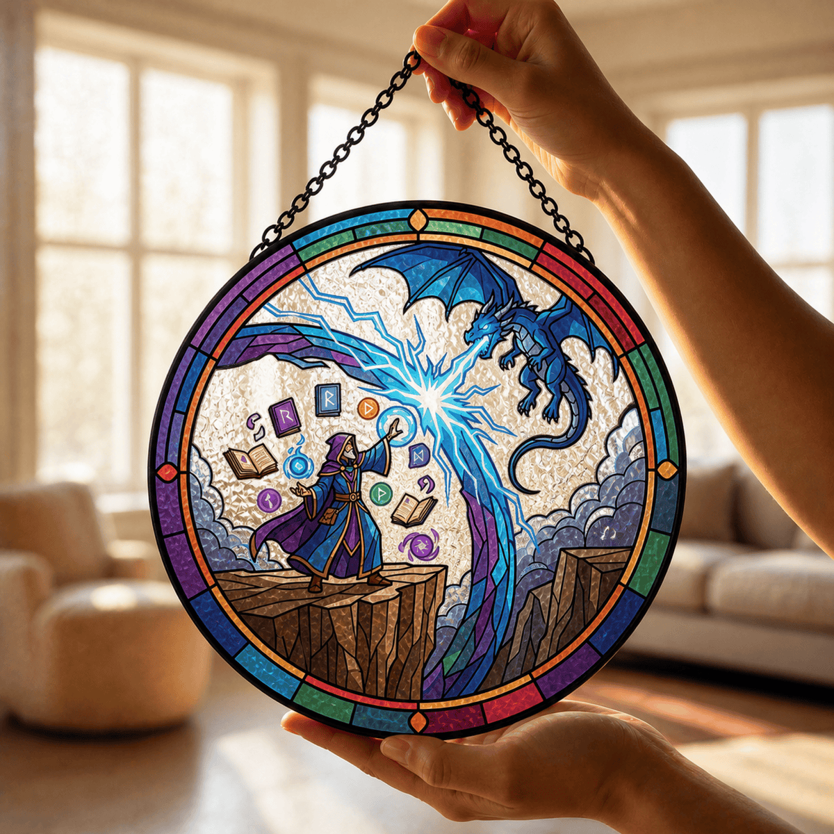 Arcane Duel - Stained Glass Suncatcher Arcane Duel | Wizard Dragon DnD Stained Glass Suncatcher