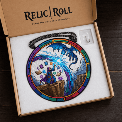 Arcane Duel - Stained Glass Suncatcher Arcane Duel | Wizard Dragon DnD Stained Glass Suncatcher