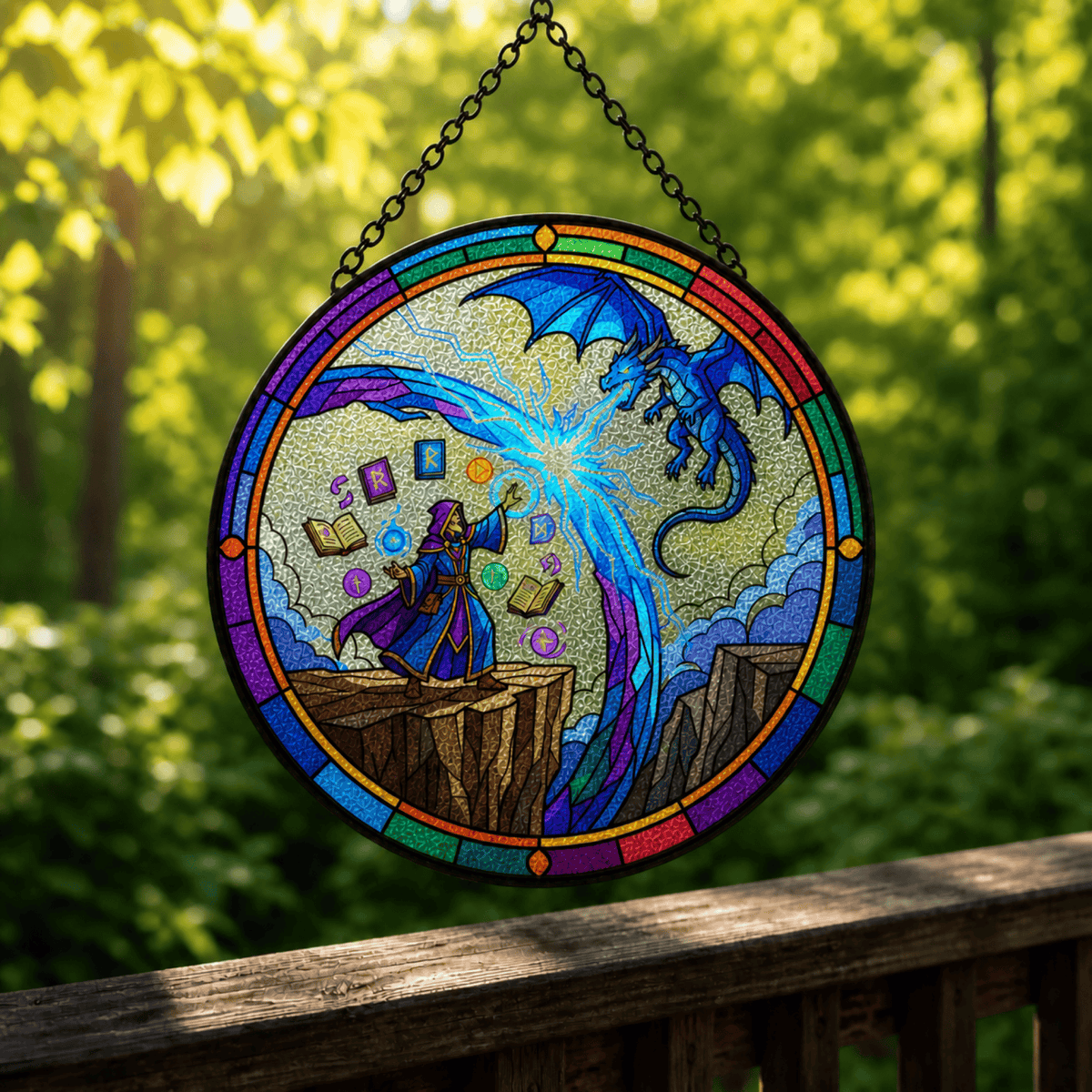 Arcane Duel - Stained Glass Suncatcher Arcane Duel | Wizard Dragon DnD Stained Glass Suncatcher