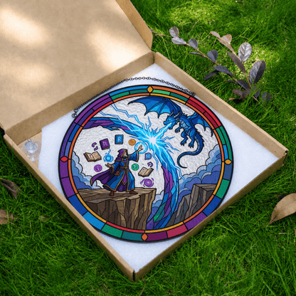 Arcane Duel - Stained Glass Suncatcher Arcane Duel | Wizard Dragon DnD Stained Glass Suncatcher