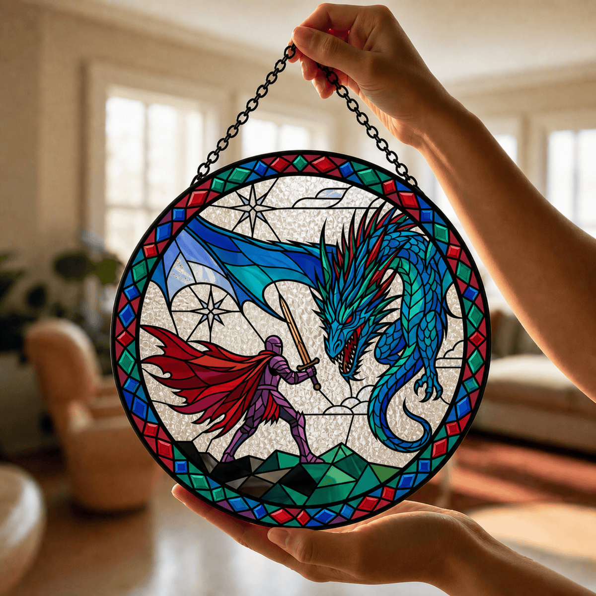 Sapphire Wyrm Duel - Stained Glass Suncatcher Sapphire Wyrm Duel | Blue Dragon DnD Stained Glass Suncatcher