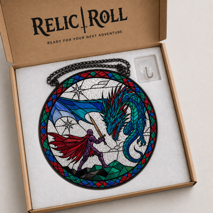 Sapphire Wyrm Duel - Stained Glass Suncatcher Sapphire Wyrm Duel | Blue Dragon DnD Stained Glass Suncatcher