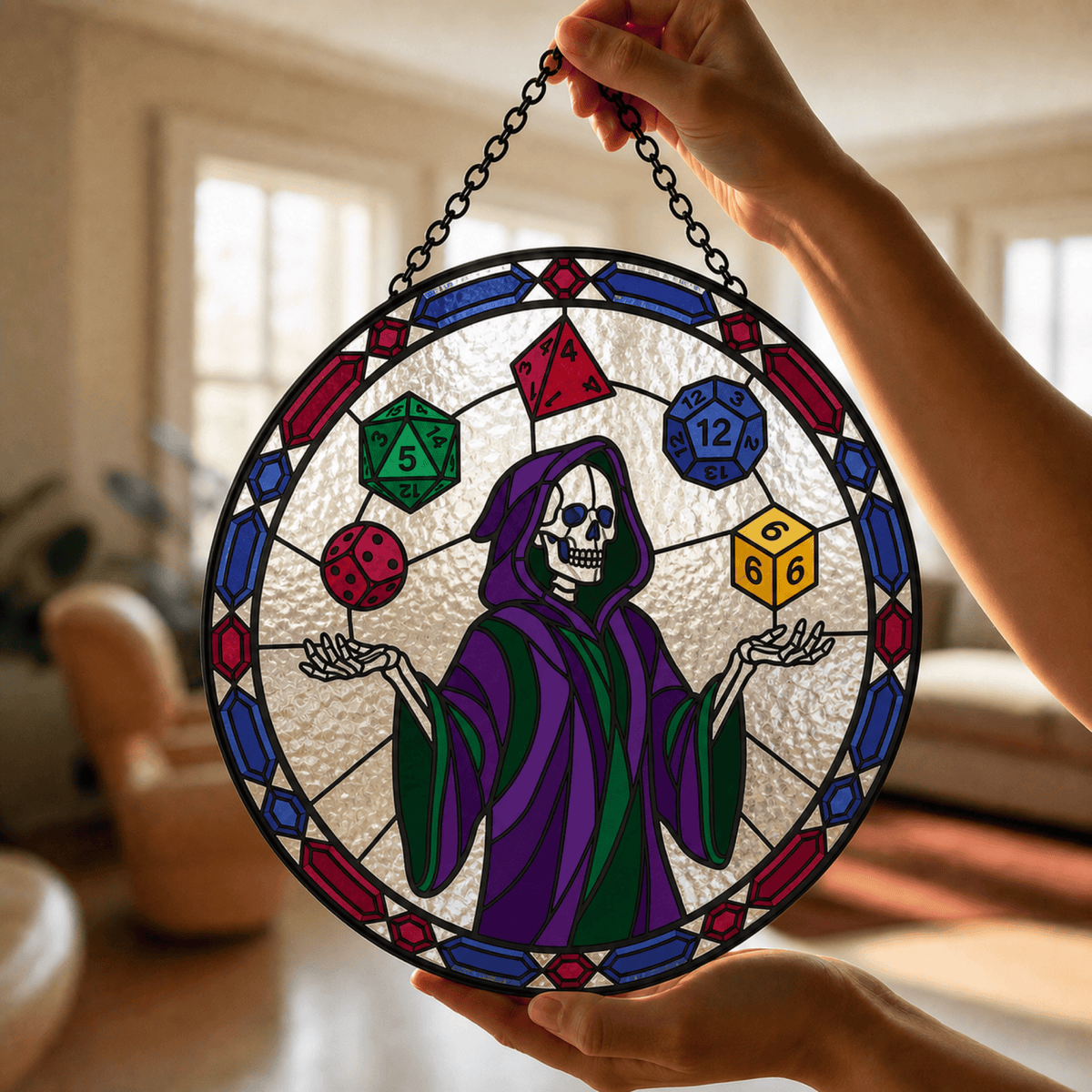 Reaper Rolls - Stained Glass Suncatcher Reaper Rolls | Skeleton Dice DnD Stained Glass Suncatcher