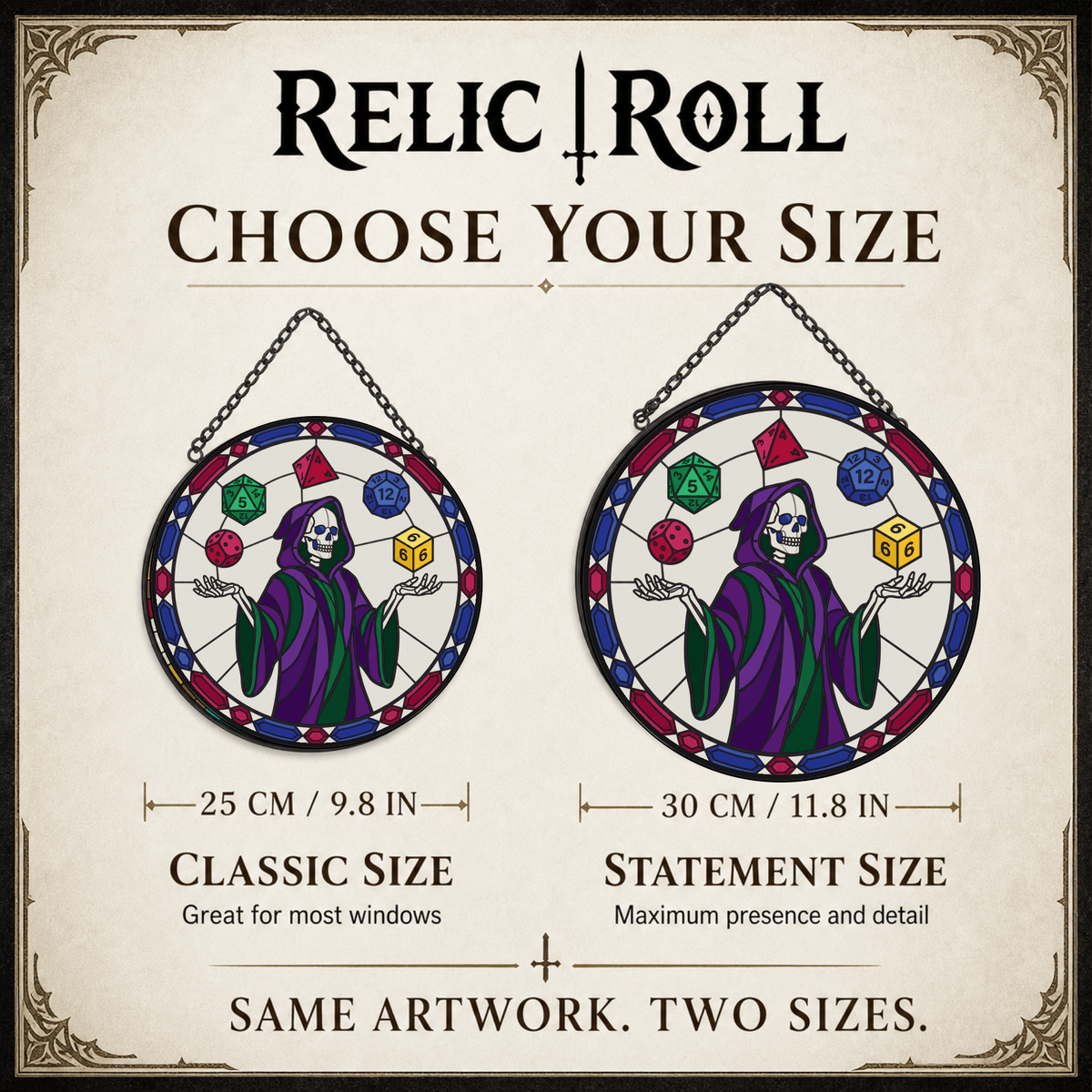 Reaper Rolls - Stained Glass Suncatcher Reaper Rolls | Skeleton Dice DnD Stained Glass Suncatcher