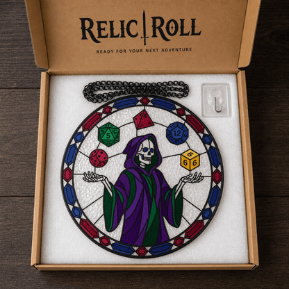 Reaper Rolls - Stained Glass Suncatcher Reaper Rolls | Skeleton Dice DnD Stained Glass Suncatcher