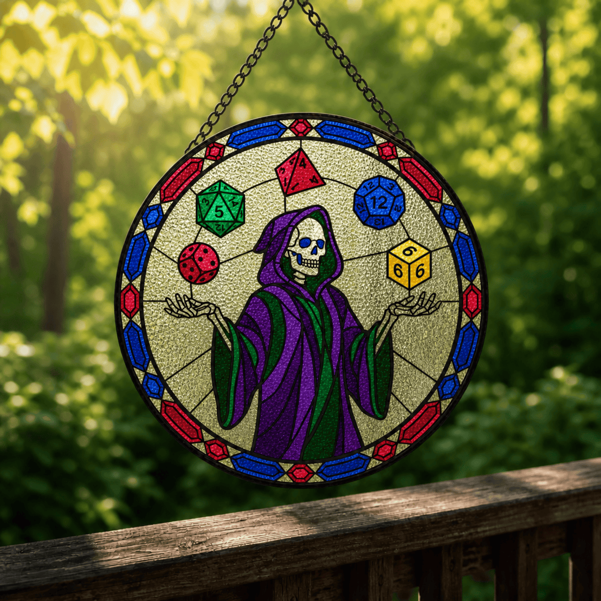 Reaper Rolls - Stained Glass Suncatcher Reaper Rolls | Skeleton Dice DnD Stained Glass Suncatcher