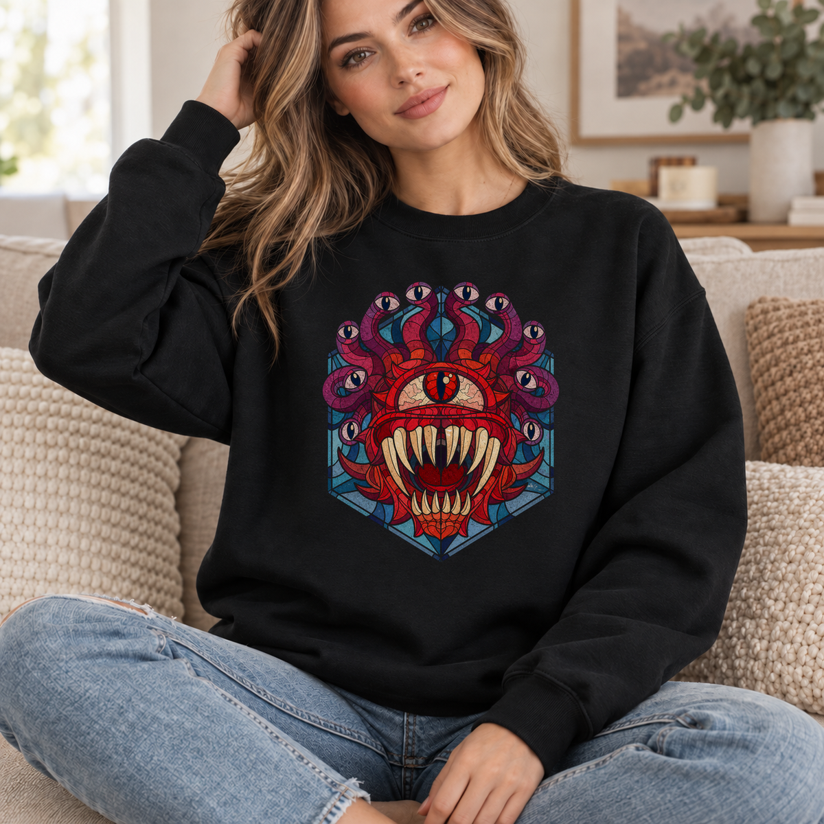 Beholder’s Gaze black DnD sweatshirt worn by a woman indoors