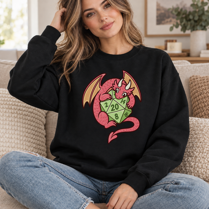 Dragon’s Lucky D20 black DnD sweatshirt worn by a woman indoors
