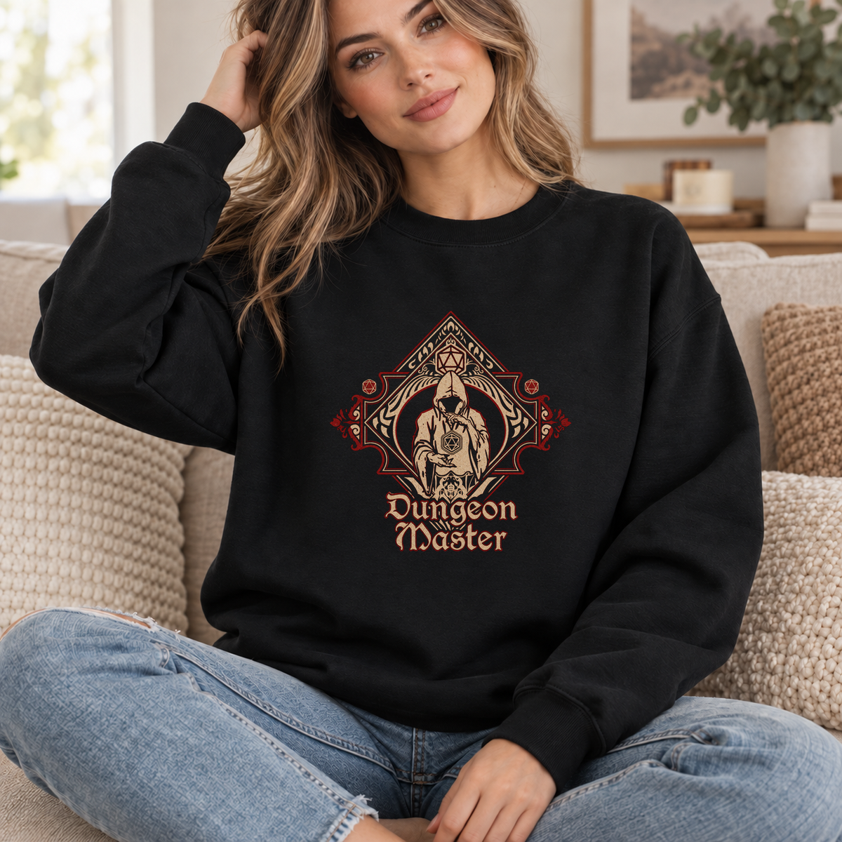 Dungeon Master black DnD sweatshirt worn by a woman indoors
