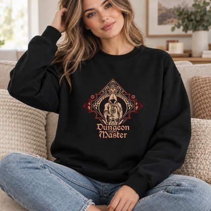 Dungeon Master black DnD sweatshirt worn by a woman indoors