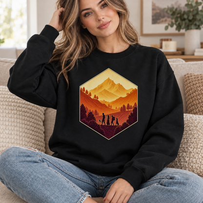 The Adventure Party black DnD sweatshirt worn by a woman indoors