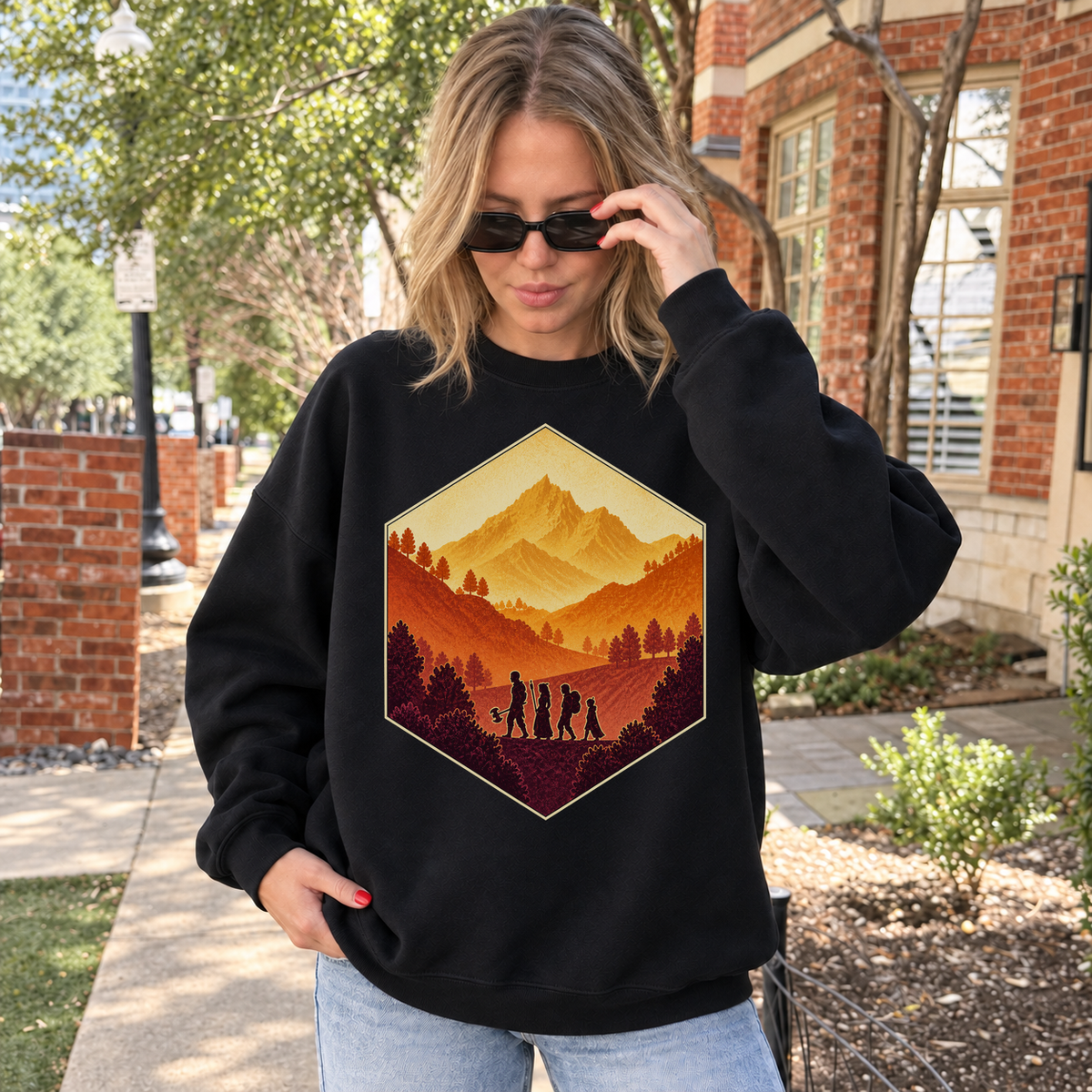 The Adventure Party black DnD sweatshirt worn by a woman outdoors