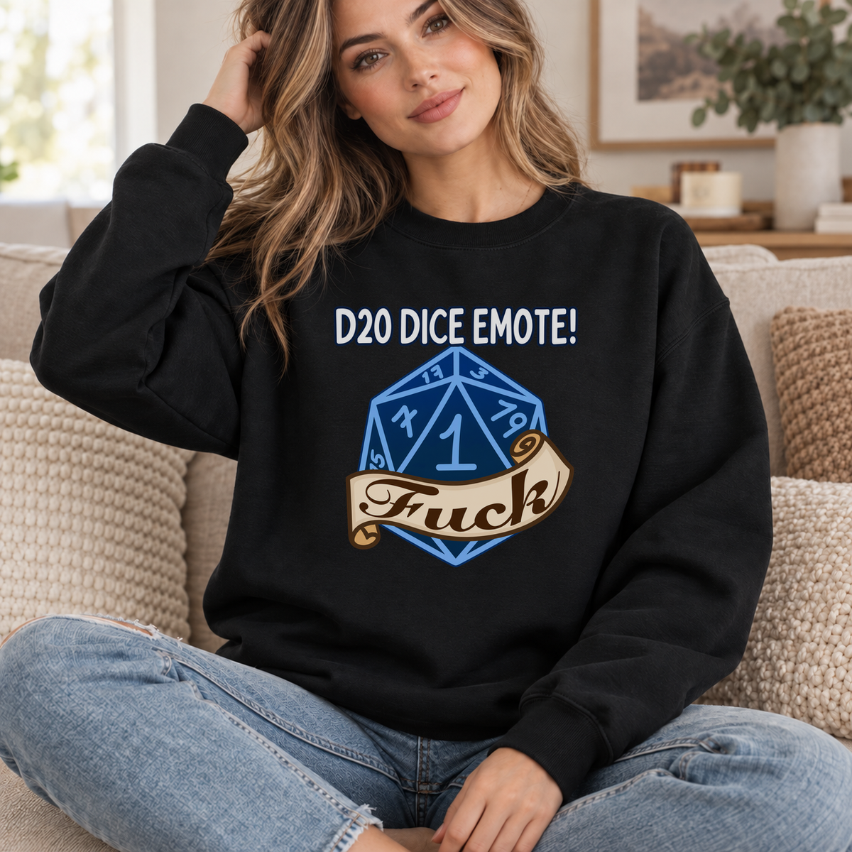 D20 Dice Emote black DnD sweatshirt worn by a woman indoors