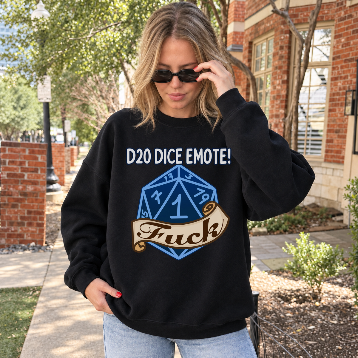 D20 Dice Emote black DnD sweatshirt worn by a woman outdoors