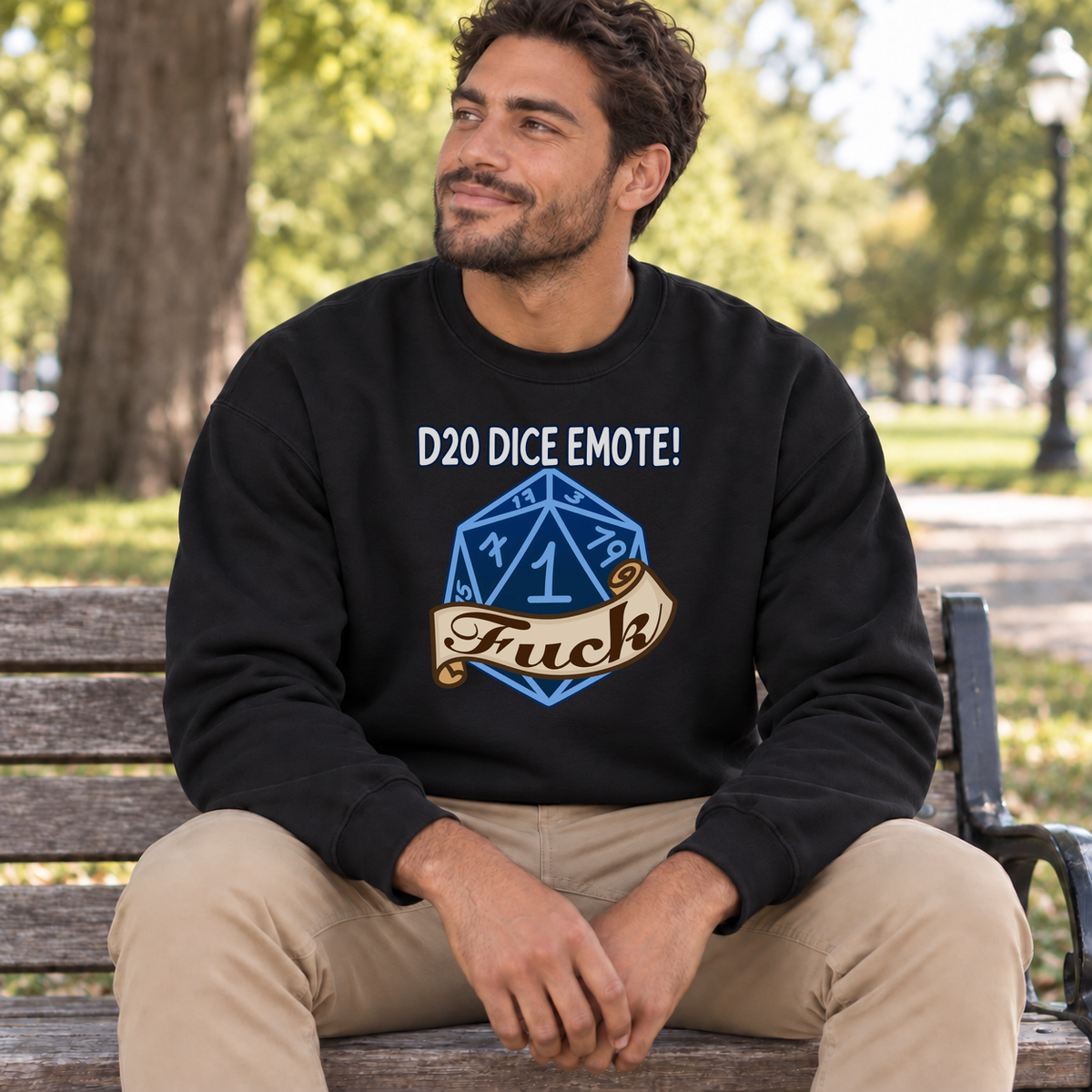 D20 Dice Emote black DnD sweatshirt worn by a man in a park