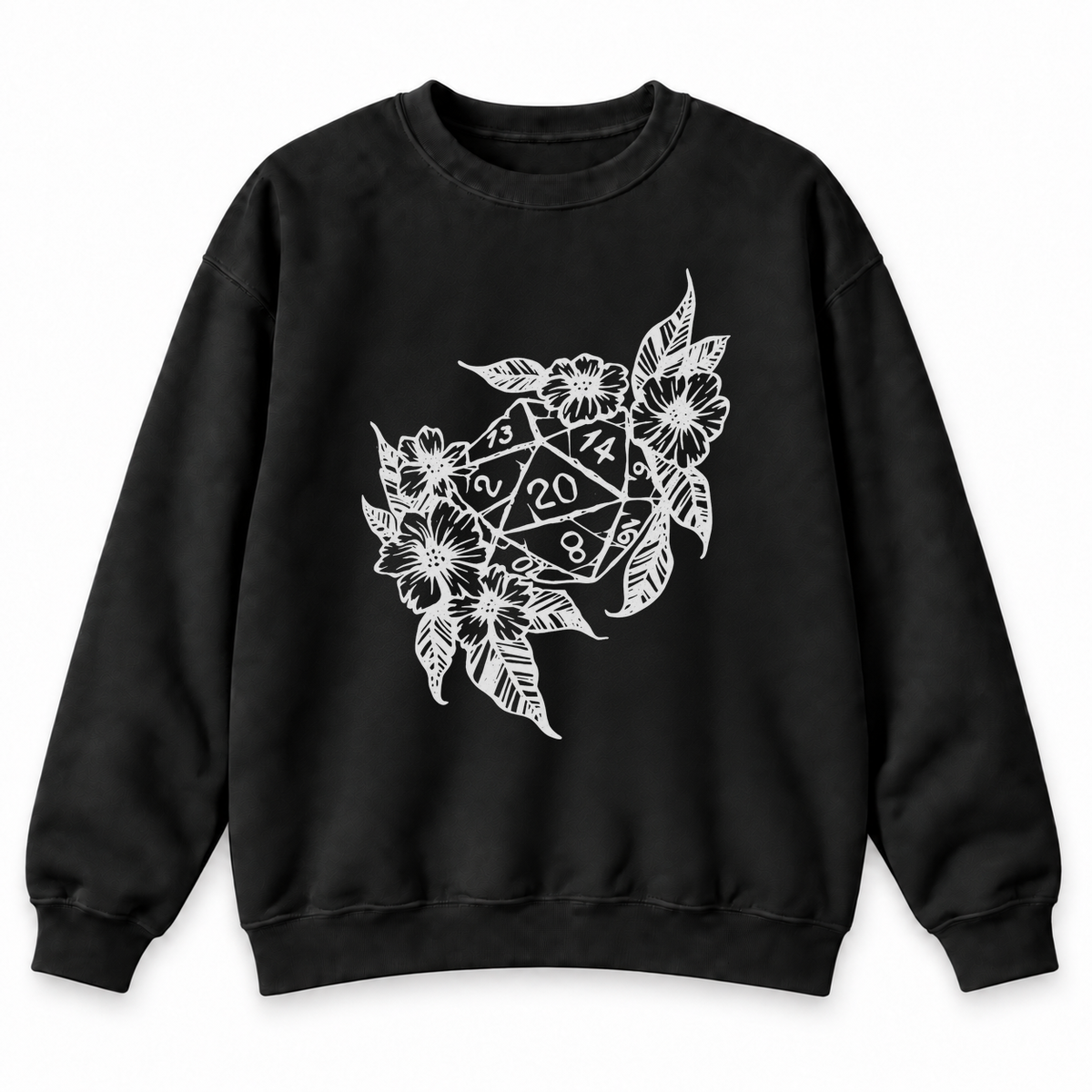 Floral Dragon D20 black DnD sweatshirt front product view