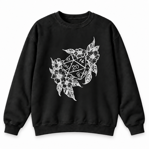 Floral Dragon D20 black DnD sweatshirt front product view
