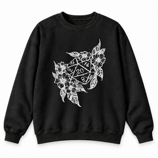 Floral Dragon D20 black DnD sweatshirt front product view