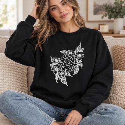 Floral Dragon D20 black DnD sweatshirt worn by a woman indoors