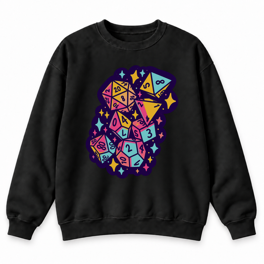 Colorful Dice Cascade black DnD sweatshirt front product view