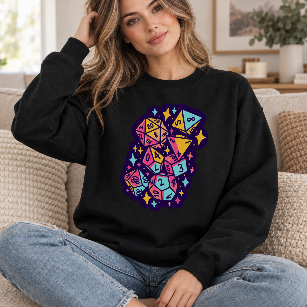 Colorful Dice Cascade black DnD sweatshirt worn by a woman indoors