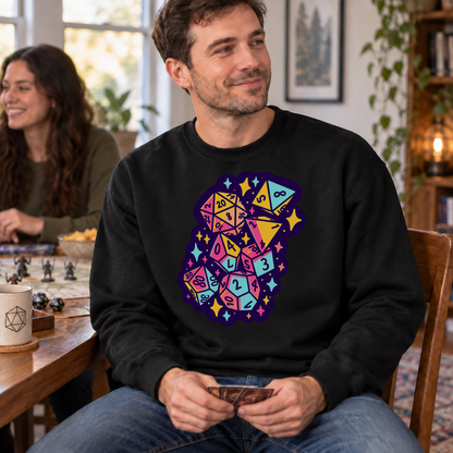 Colorful Dice Cascade black DnD sweatshirt worn by a man at game night