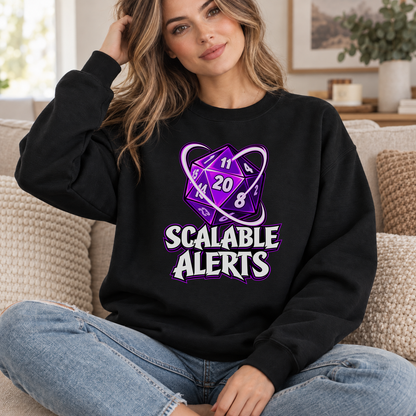Scalable Alerts black DnD sweatshirt worn by a woman indoors
