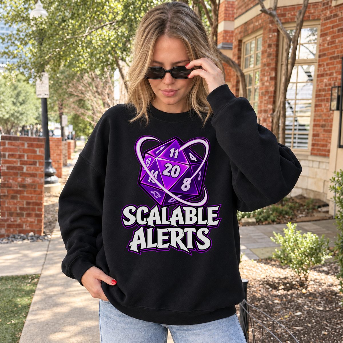 Scalable Alerts black DnD sweatshirt worn by a woman outdoors