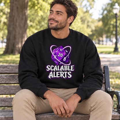 Scalable Alerts black DnD sweatshirt worn by a man in a park