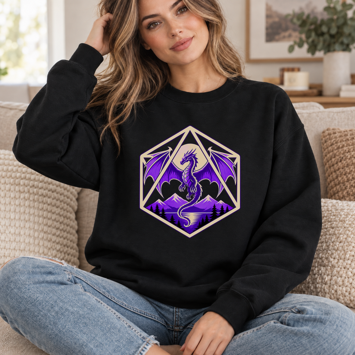 Purple Dragon D20 black DnD sweatshirt worn by a woman indoors