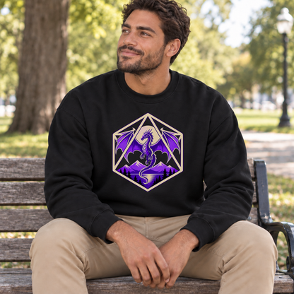Purple Dragon D20 black DnD sweatshirt worn by a man in a park