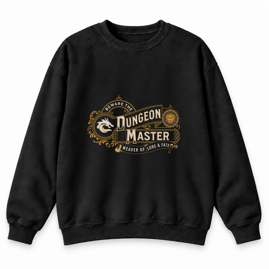 Dungeon Master Weaver of Lore & Fate black DnD sweatshirt front product view