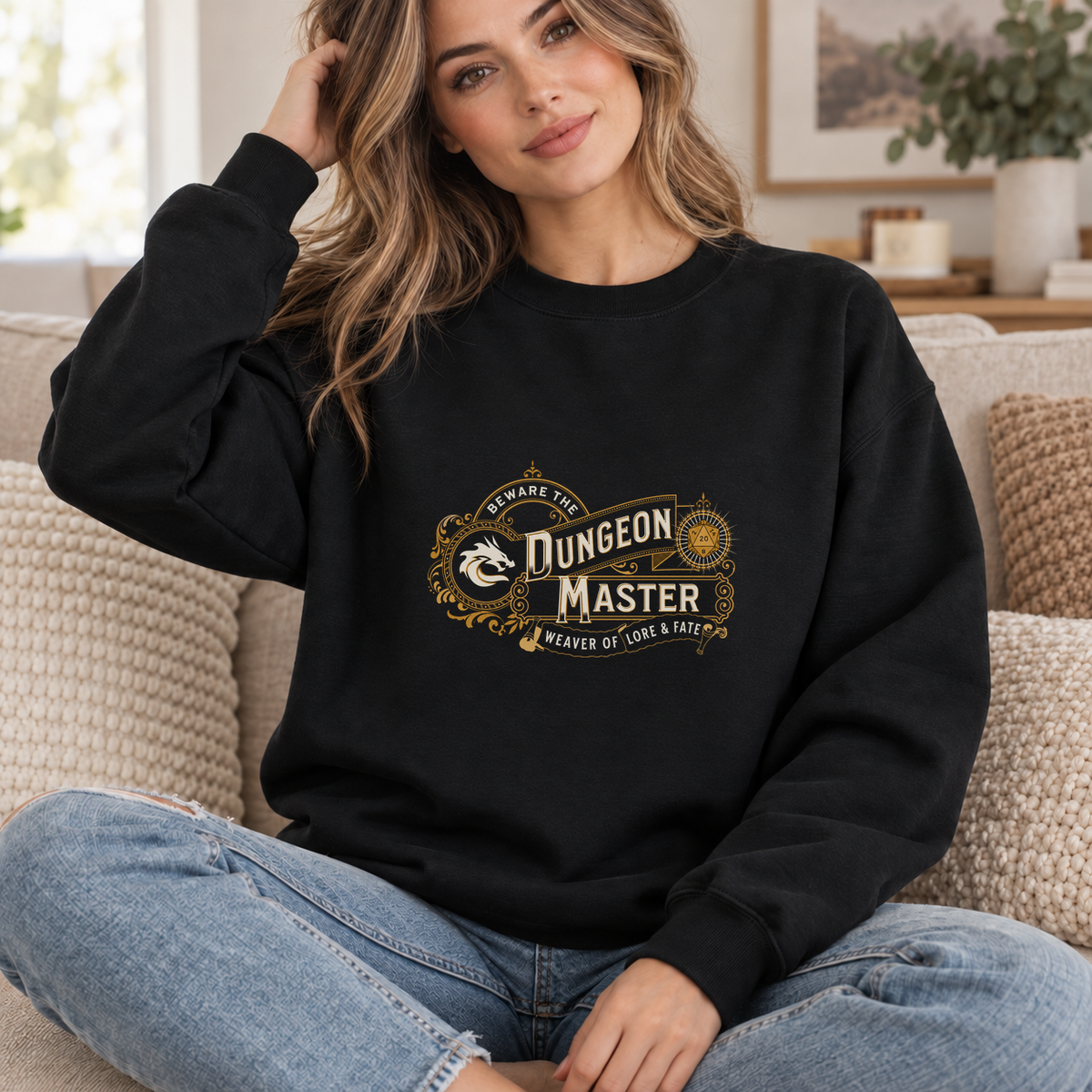 Dungeon Master Weaver of Lore & Fate black DnD sweatshirt worn by a woman indoors