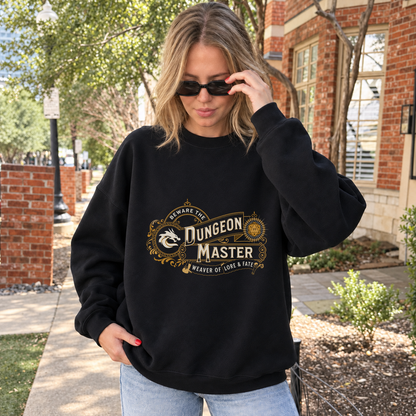 Dungeon Master Weaver of Lore & Fate black DnD sweatshirt worn by a woman outdoors