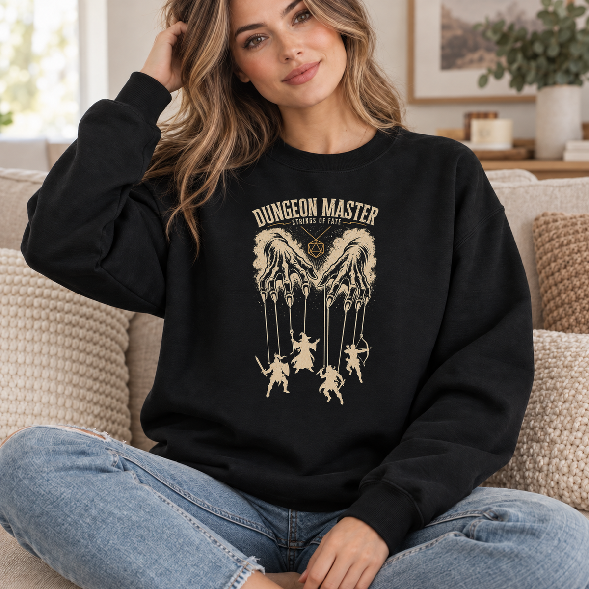 Dungeon Master Puppet Master black DnD sweatshirt worn by a woman indoors