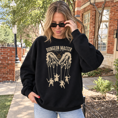 Dungeon Master Puppet Master black DnD sweatshirt worn by a woman outdoors