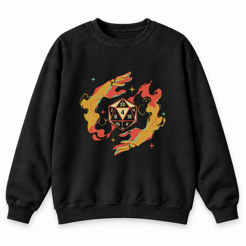 Flaming D20 black DnD sweatshirt front product view