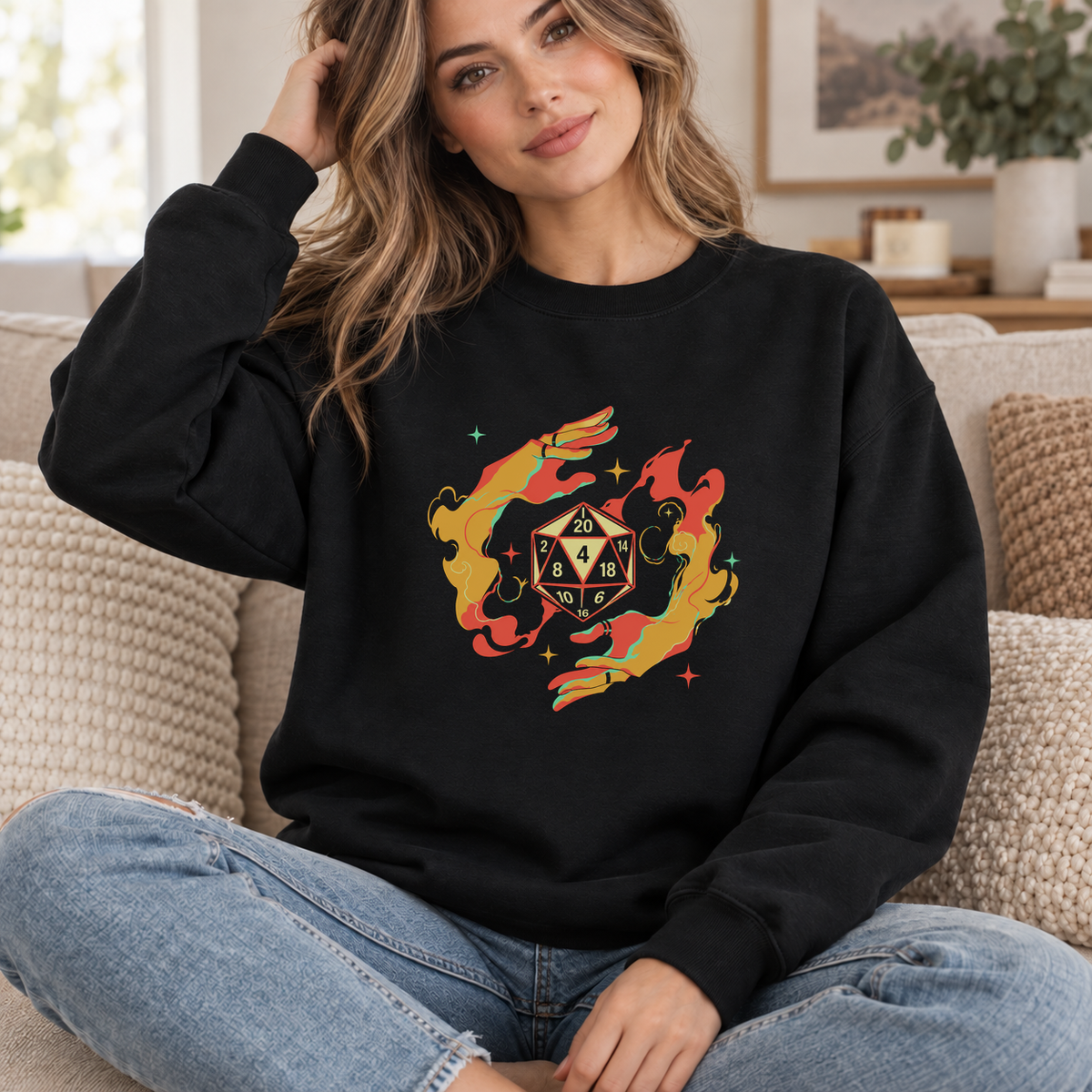 Flaming D20 black DnD sweatshirt worn by a woman indoors