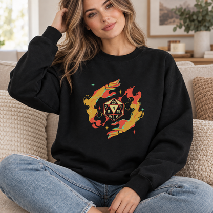 Flaming D20 black DnD sweatshirt worn by a woman indoors