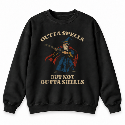 Outta Spells, Not Outta Shells black DnD sweatshirt front product view