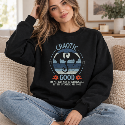 Chaotic Good black DnD sweatshirt worn by a woman indoors
