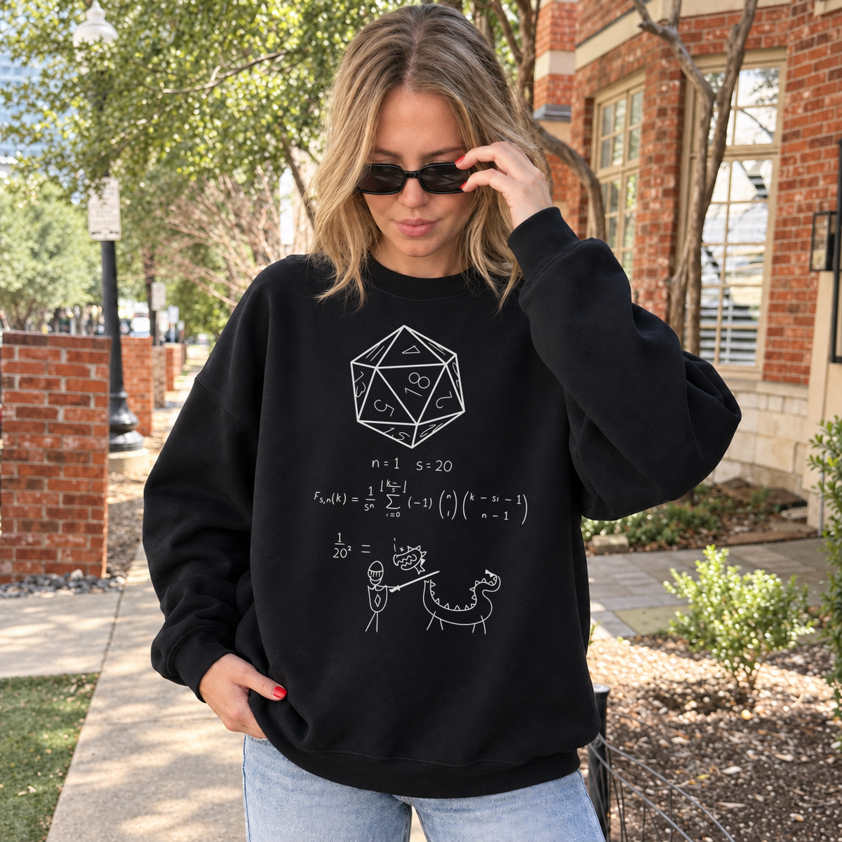 D20 Probability black DnD sweatshirt worn by a woman outdoors