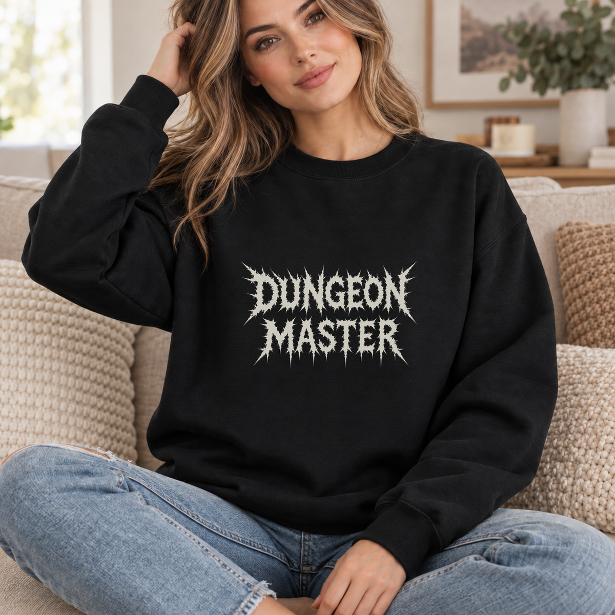 Dungeon Master Gothic black DnD sweatshirt worn by a woman indoors