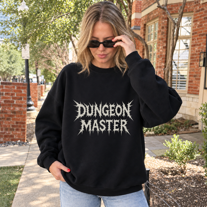 Dungeon Master Gothic black DnD sweatshirt worn by a woman outdoors