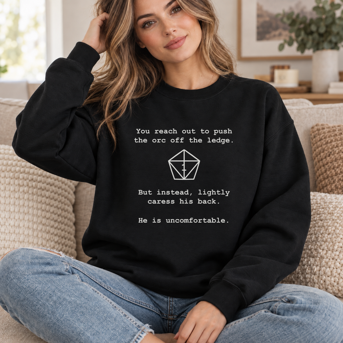 Uncomfortable Natural One black DnD sweatshirt worn by a woman indoors