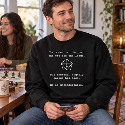 Uncomfortable Natural One black DnD sweatshirt worn by a man at game night