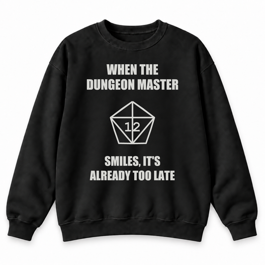 The Dungeon Master Smiles black DnD sweatshirt front product view