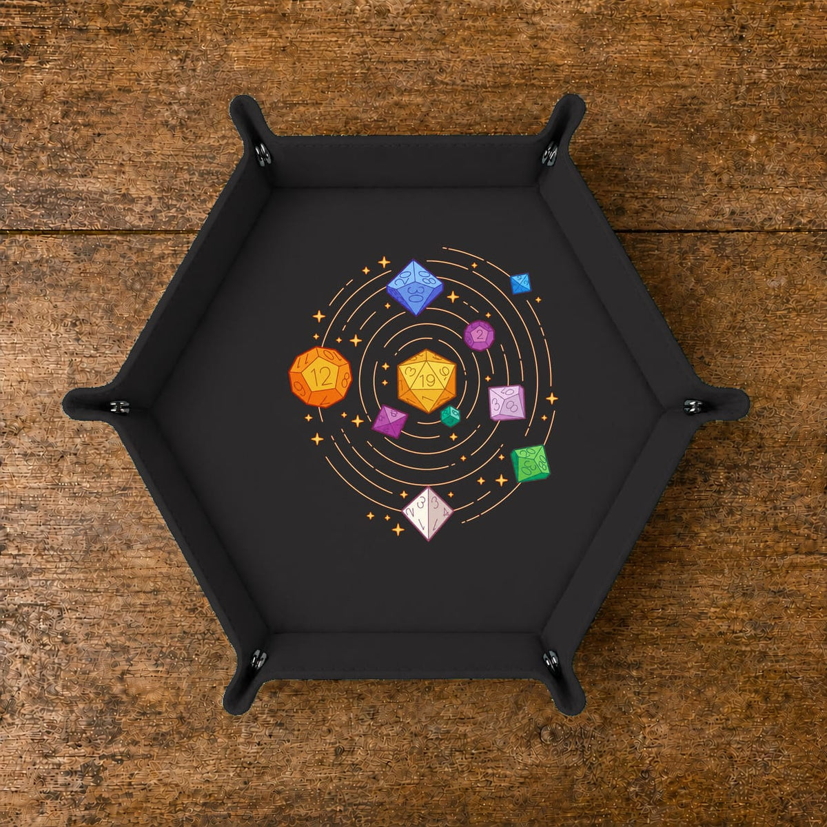 Cosmic Polyhedral Dice Orbit - DICE TRAY Cosmic Polyhedral Dice Orbit Dice Tray | Foldable PU Leather D&D Tray